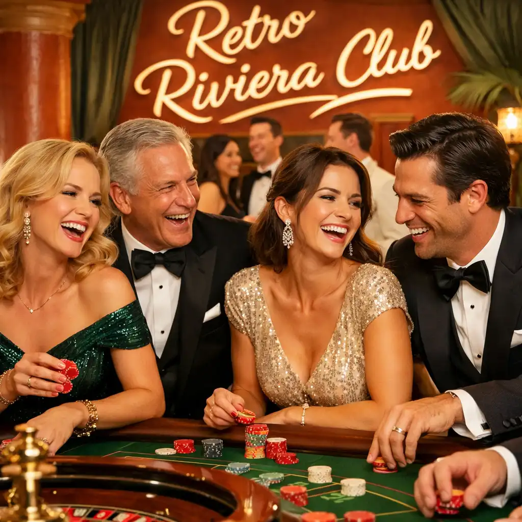 Vendégek elegáns ruhában nevetnek és játszanak egy kaszinó estén a Retro Riviera Club dekorációjával