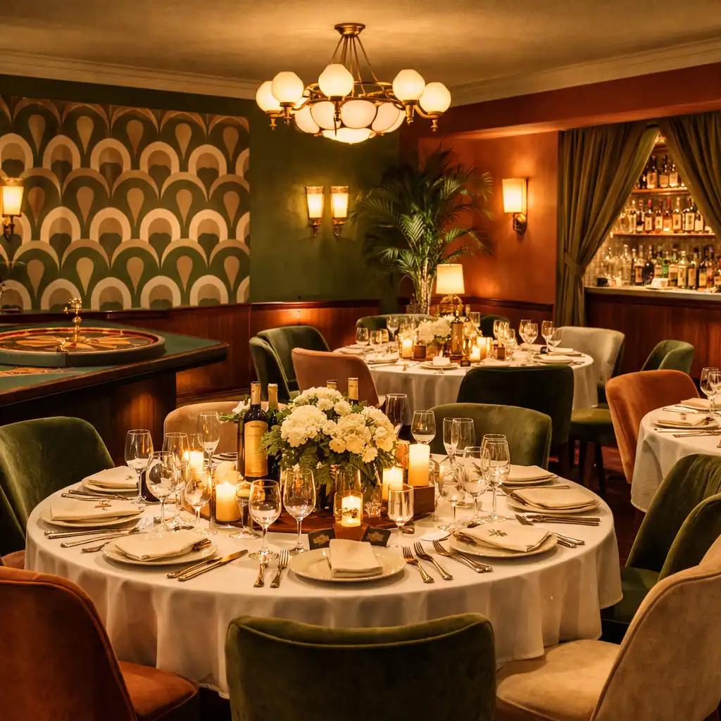 A Retro Riviera Club belső tere privát rendezvényre berendezve, kaszinó asztallal