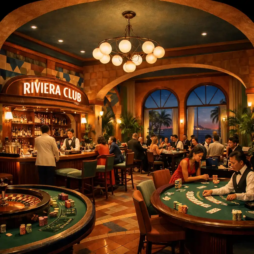 A Retro Riviera Club belső tere kaszinó estére átalakítva: játékasztalok, bárpult, és retro mediterrán dekoráció