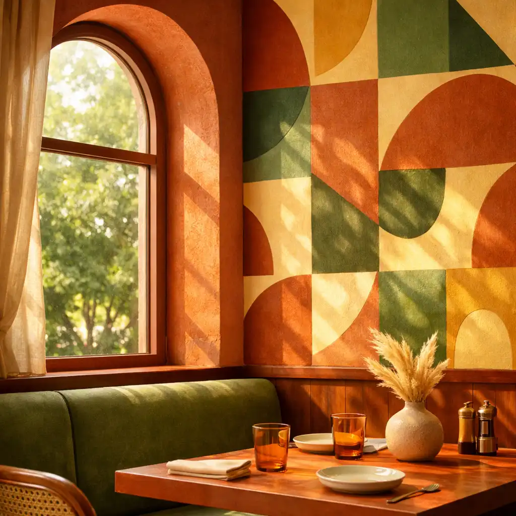 A Retro Riviera Club belső terének részlete: íves ablak, geometrikus mintás fal terrakotta, olívazöld és vajsárga színekkel