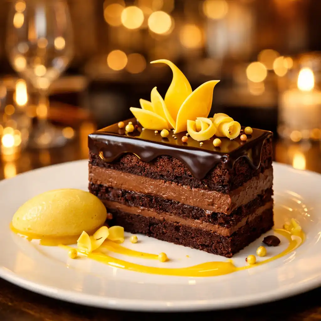 Csokoládétorta vagy krémdesszert vajsárga díszítéssel, elegáns tálalásban